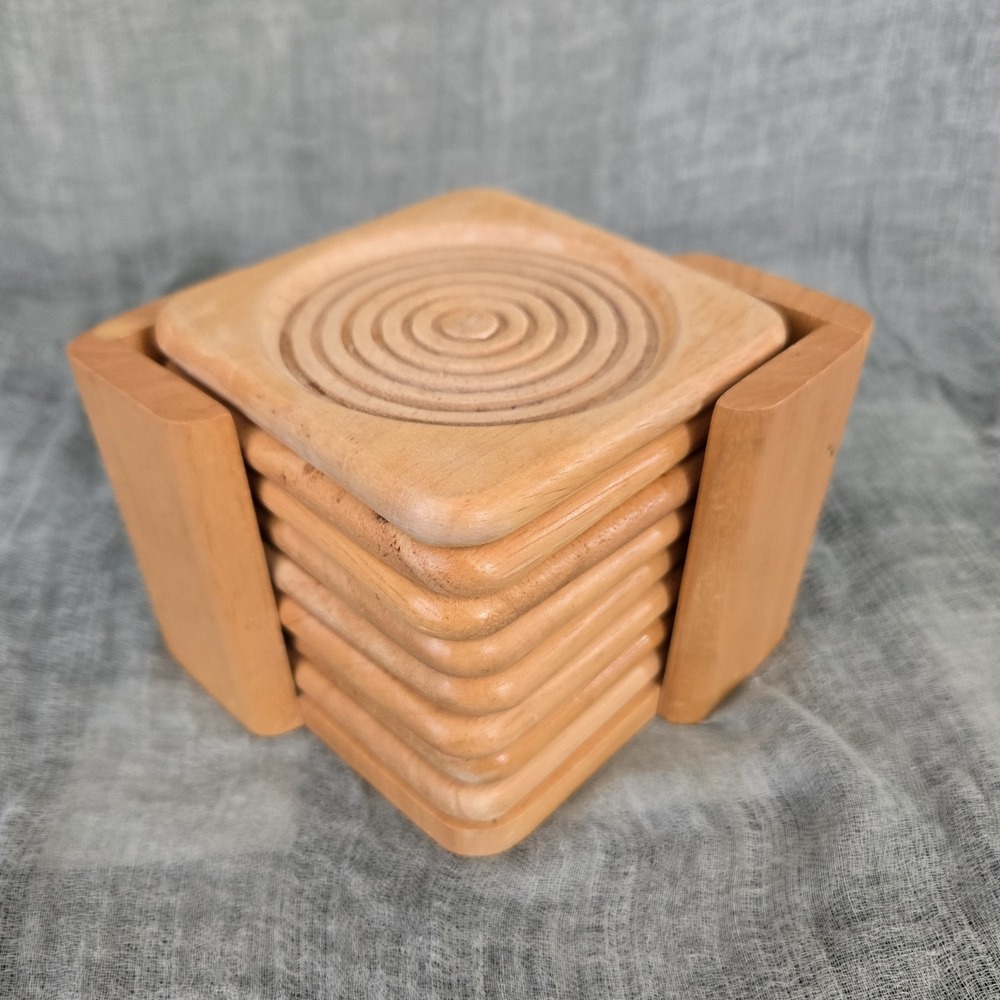 VTG Dolphin Solid Beechwood Wooden 8 Coasters & 1 Stand Set Golden Girl Era